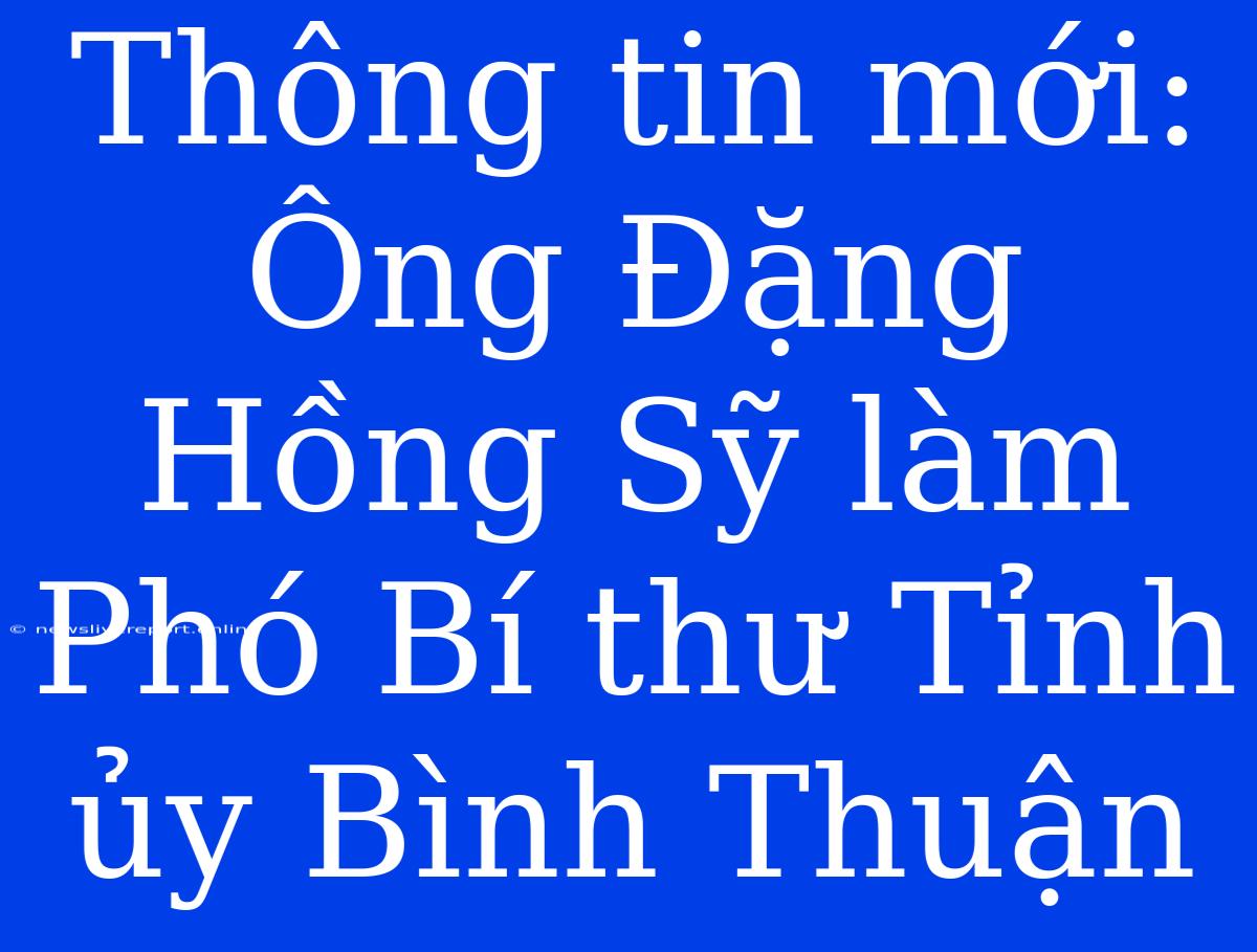 Thông Tin Mới: Ông Đặng Hồng Sỹ Làm Phó Bí Thư Tỉnh Ủy Bình Thuận